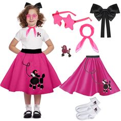 PRICES MAY VARY. The 50s Costume Accessories: Package offers a 1950s Girls' Poodle Skirt, Bobby Socks, Chiffon Scarf, pentagram-shaped Glasses, a Poodle-shaped rhinestone brooch, and a Bowknot Hairpin with an elegant long tail For Sizing: The elastic waistband is designed to accommodate waist measurements ranging from 18 to 20 inches and 20 to 37 inches for the Larger Size and the skirt boasts a length of 19 inches and 21 inches, making it suitable for young children aged 4 to 6 and 7-10 Comfort Grease Costumes For Kids, Girls Poodle Skirt, Poodle Skirt Outfit, Grease Costume, 1950s Girls, 50s Costume, Bobby Socks, Outfit For Kids, 50s Outfits