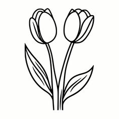 three tulips are shown in this black and white drawing, with leaves on the stems