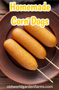 homemade corn dogs on a brown plate with text overlay that reads homemade corn dogs