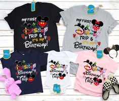 three shirts with mickey mouse and minnie mouse ears on them, one is for the first birthday