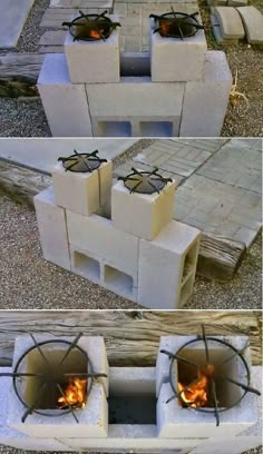 an outdoor fire pit made out of cinder blocks with flames coming out of the top