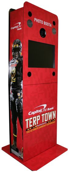 a red cardboard box that has a football player on it and the words, photo booth