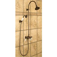 the shower head and handset are shown in this bathroom setting with beige tiles on the wall