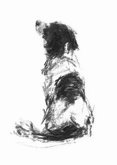 a black and white drawing of a dog sitting on the ground looking up at something