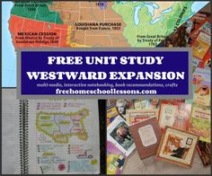 a map with the words free unit study westward expansion on it and pictures of children's books