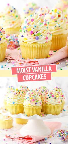 vanilla cupcakes with white frosting and sprinkles on the top