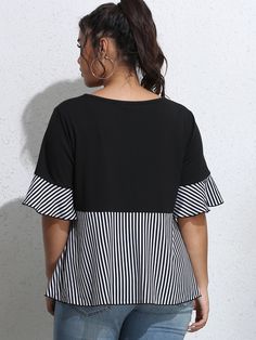 Black and White Casual  Three Quarter Length Sleeve Polyester Striped Peplum  Slight Stretch Summer Plus Size Tops Plus Size Tops For Women Blouses Modcloth, Cheap Casual One-piece Tops, Cheap Casual Tops With Placket Detail, Chic Short Tops At Cheap Price, Cheap Casual Women's Peplum Top, Cheap One-piece Tops For Women, Cheap Cotton Tops With Three Stripes, Cheap Cotton Tops With Contrast Stripes, Casual Cheap Peplum Top