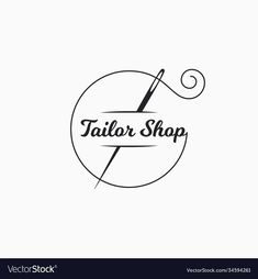 the tailor shop logo with a needle and thread on it's side, black and white