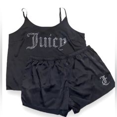 Nwt Juicy Couture Silky Black Silver Rhinestone Shorts/Adjustable Tank Pajamas Set Size L Velvet Sleepwear, Rhinestone Shorts, Juicy Couture Clothes, Black Velvet Shorts, Velour Shorts, Silky Pajamas, Satin Pj Set, Black Pajamas, Silver Shorts