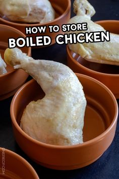 several orange bowls filled with cooked chicken on top of a black tablecloth and text overlay reads how to store boiled chicken