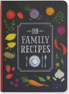 the cover of our family recipes cookbook is decorated with colorful vegetables and fruits on black paper