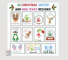 twelve christmas cards with hand prints and the words,'merry winter and new years designs '