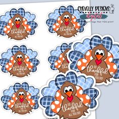 four turkey stickers with the words happy thanksgiving and an image of a turkey on it