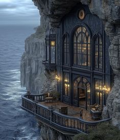 a house built into the side of a cliff by the ocean with stairs leading up to it