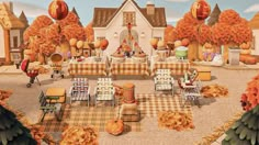 an animated image of a table and chairs in front of a house with pumpkins on it