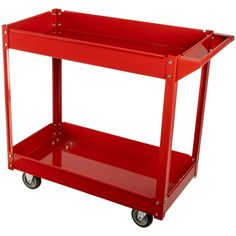 a red plastic utility cart with two shelves and wheels on each side, isolated against a white background