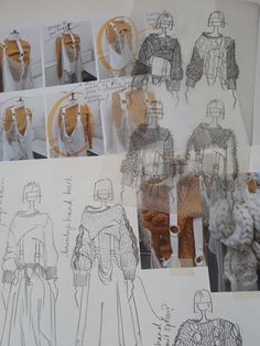 several sketches of different types of clothing on display