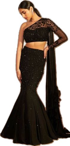 Bollywood Style Floor-length Pre-draped Saree For Parties, Elegant Fitted Pre-draped Saree For Party Season, Wedding Gown With Mermaid Hem For Party Season, Festive Floor-length Mermaid Evening Dress, Glamorous Georgette Saree Dress, Festive Party Gown With Sweep Train, Fitted Festive Gown With Sweep Train, Wedding Mermaid Fishtail Dress For Party Season, Bollywood Style Party Sharara With Sheer Dupatta