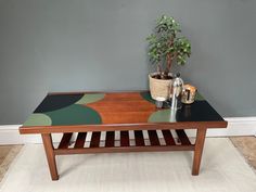 a coffee table with a potted plant on top