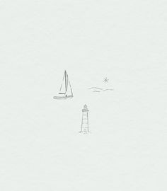 a drawing of a lighthouse and a sailboat in the ocean