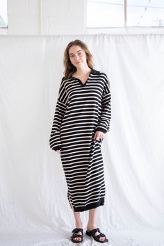 Midi sweater dress with notch-neck and stripes. - Sizing: Model is 5'8", wearing a size S - Content: 100% Cotton Care: Handwash recommended Imported Midi Sweater Dress, Dress Home, Sweater Dress Midi, Black Cream, Sofia, Sweater Dress, Black Dress, Stripes, How To Wear