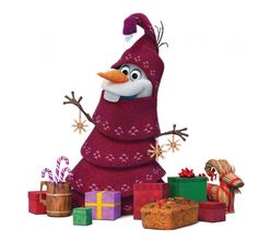 a snowman is surrounded by presents and gifts