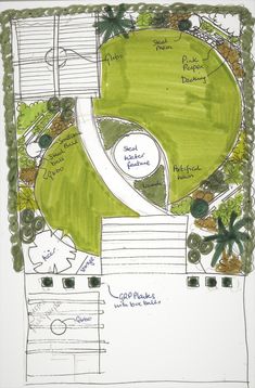 a drawing of a garden with lots of trees and plants on it's sides