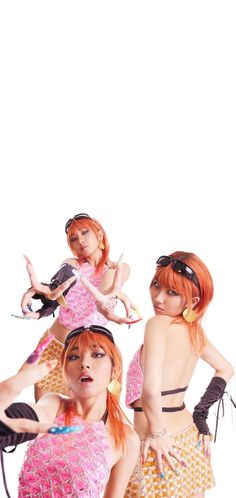 three young women dressed in costumes posing for the camera with their hands on their hipss