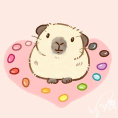 a drawing of a hamster sitting on top of a pink heart with candy candies around it