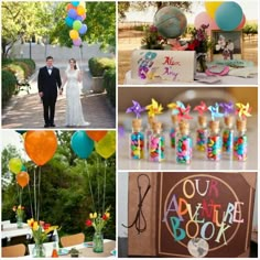 a collage of photos with balloons and decorations