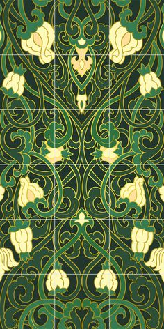 an art nouveau design with green and yellow colors on the sides, including swirls