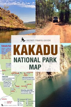 the kakadu national park map is shown in two different pictures, including a river and road