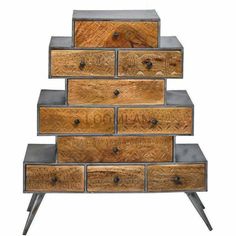 a wooden dresser with metal legs and drawers on it's sides, in the shape of a pyramid