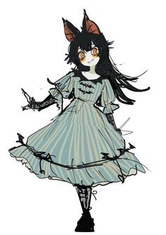 a drawing of a girl in a dress with long hair and big eyes holding a knife