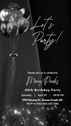 a black and white photo with balloons in the air, on a birthday party card