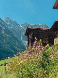 a wooden cabin sitting on top of a lush green hillside covered in snow capped mountains