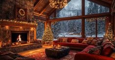 a living room filled with lots of furniture and christmas lights hanging from the ceiling next to a fire place