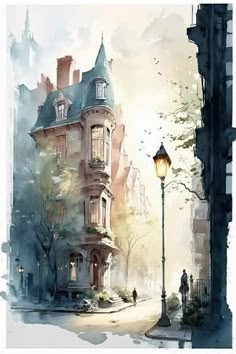 a watercolor painting of a street corner with a lamp post in the foreground