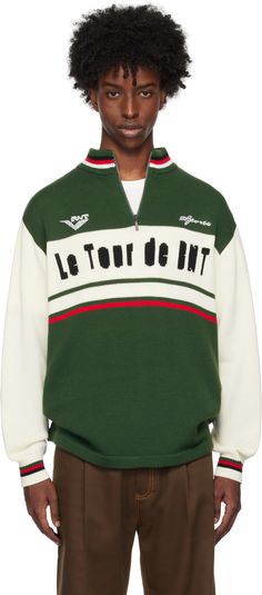 Knit polyester- and wool-blend sweater. · Stripes at rib-knit stand collar and cuffs · Half-zip closure · Logo and text embroidered at chest · Jacquard text and stripes at front and back Supplier color: Green Merch Aesthetic, Jersey Sweater, Raglan Sweater, Turquoise And Purple, Green Brands, Hand Knitted Sweaters, Knitwear Men, Brown Sweater, Cycling Jersey