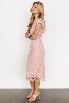 Get yourself a classy lace midi dress. Our Nessa Lace Midi Dress has cute ruffles and a round neckline! Feminine Bridesmaid Midi Dress With Ruffles, Fitted Feminine Dresses With Scalloped Edges, Feminine Fitted Dress With Scalloped Edges, Feminine Formal Midi Dress With Scalloped Lace, Fitted Pink Midi Dress With Scalloped Lace, Feminine Scalloped Lace Midi Dress, Feminine Dresses With Scalloped Edges, Feminine Scalloped Lace Bridesmaid Dress, Feminine Bridesmaid Dresses With Scalloped Lace