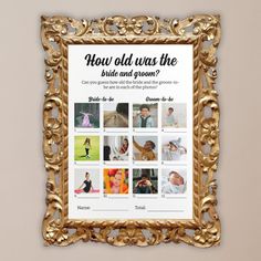 a gold framed poster with pictures of people in the frame and text how old was the bride and groom?