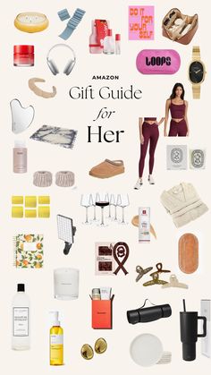 the cover of an amazon gift guide for her, featuring various items and their names