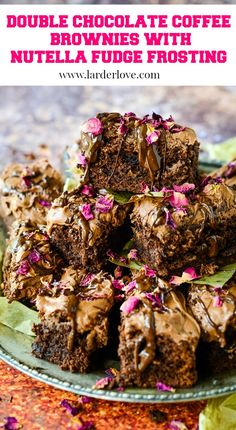 double chocolate coffee brownies with nutella fudge frosting on a green plate