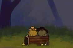 two cats sitting on top of a wooden box in the grass near trees and bushes