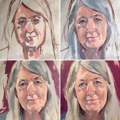 four different colored portraits of women with white hair and blue eyes, one woman's face is slightly to the side