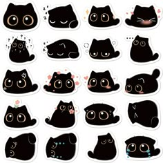 black cats stickers with different faces and eyes, all in various shapes and sizes