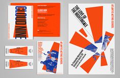 an orange and blue stationery set with business cards, envelopes, and brochures