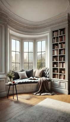 a living room filled with lots of furniture next to a window covered in bookshelves