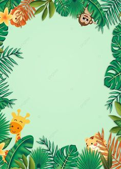 a frame made up of jungle leaves and giraffes on a green background