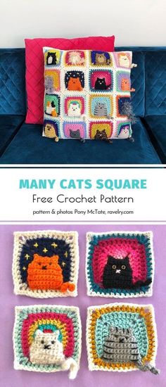 four crocheted cats are sitting on a couch with the text, many cats square free crochet pattern